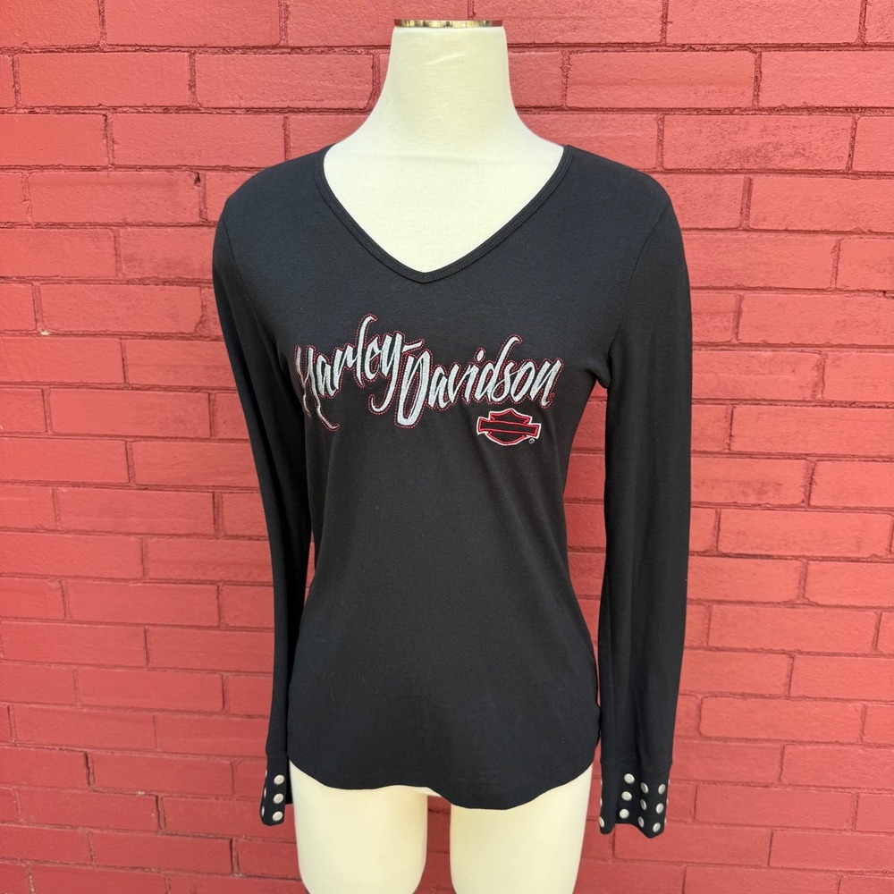 Harley Davidson Shirt Womens Size Medium V Neck Long Sleeve Studded Grunge‎ Punk